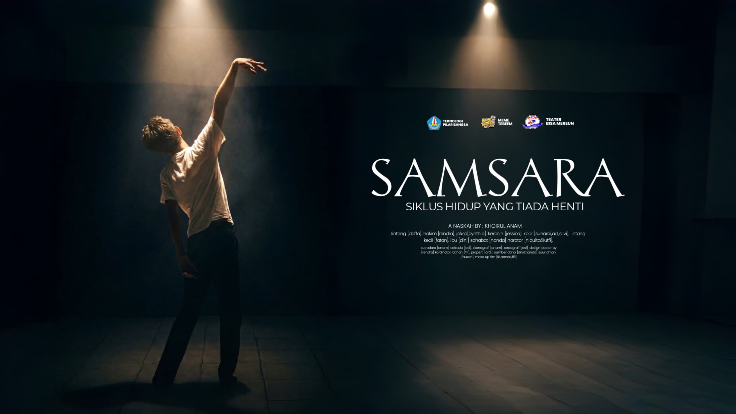 Poster teater SAMSARA SMK Teknologi Pilar Bangsa Sepatan dengan siluet aktor di bawah sorot lampu panggung Exciting Banten Festival 2026