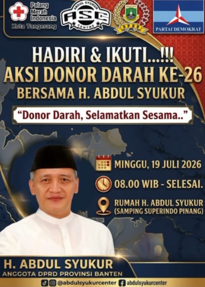 Flyer Aksi Donor Darah Ke-26 H Abdul Syukur bersama PMI Kota Tangerang 19 Juli 2026
