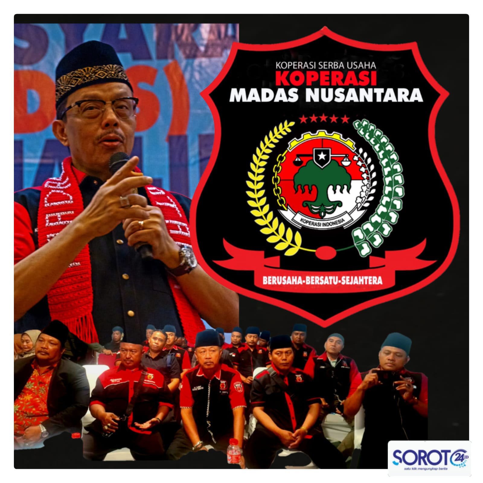 Ketum Madas Nusantara KRH HM Jusuf Rizal berpidato dengan logo Koperasi Madas Nusantara